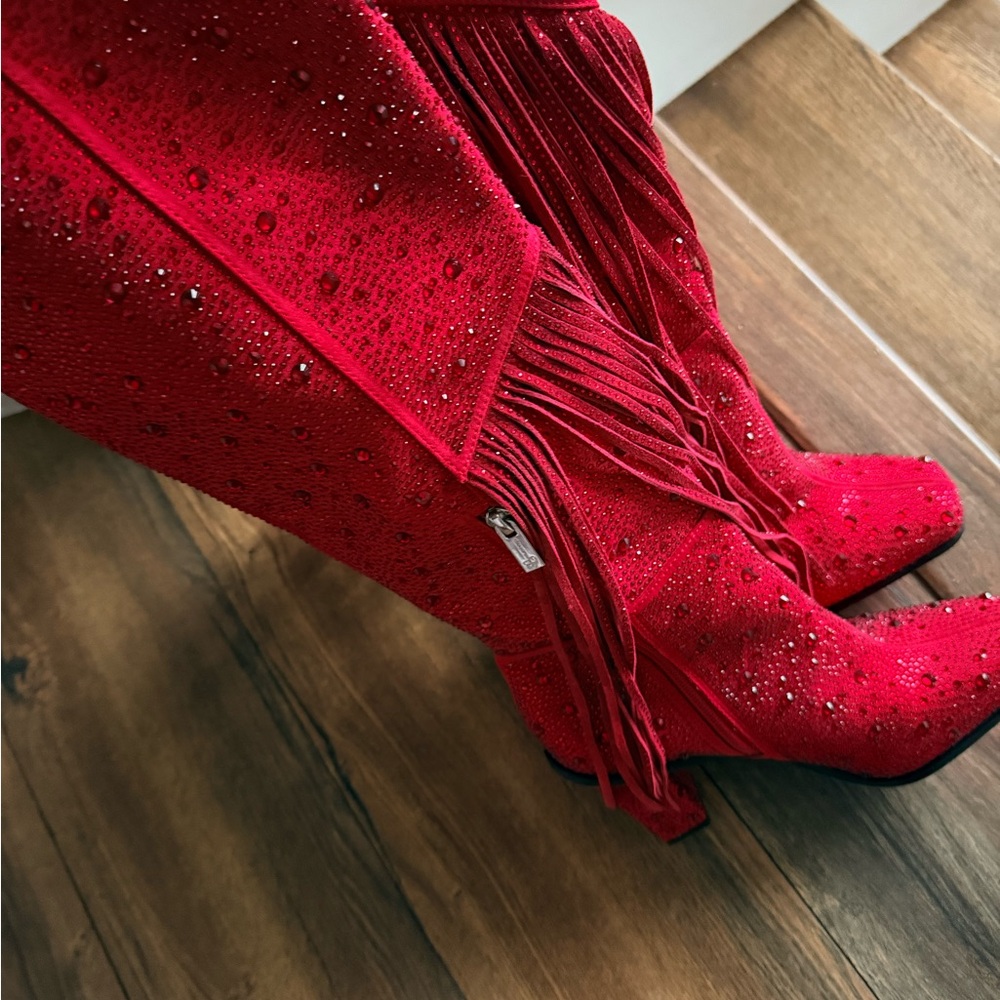 Jessica Simpson Red Rhinestone Fringe Heeled Boots
